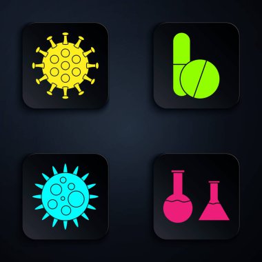 Test tüpü ve matara, virüs, virüs ve ilaç hapı veya tableti hazırlayın. Siyah kare düğme. Vektör.