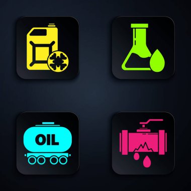 Kırık metal boruyu su sızdıran su, antifriz kutusu, petrol deposu ve petrol test tüpü ile ayarla. Siyah kare düğme. Vektör.