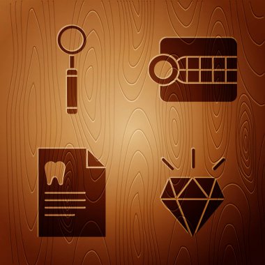 Elmas dişler, diş muayenesi aynası, dişçi kartı ve tahta arka planda takma diş modeli olan bir pano. Vektör.