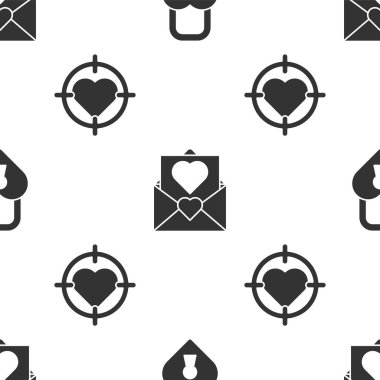 Castle 'ı kalp şeklinde ayarla, Zarf' ı kalp ve kalple dartların ortasına yerleştir ve kusursuz bir desen oluştur. Vektör.