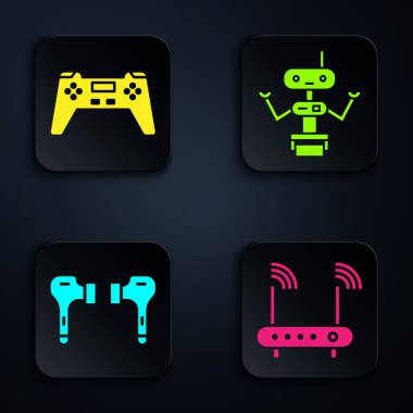 Yönlendirici, kablosuz ağ sinyali Gamepad, hava kulaklıkları ve robot ayarlayın. Siyah kare düğme. Vektör.
