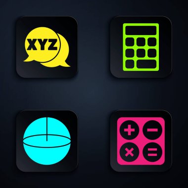 Hesap makinesini, XYZ koordinat sistemini, Geometrik şekil küresini ve hesap makinesini ayarla. Siyah kare düğme. Vektör.