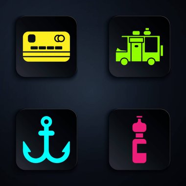 Bir şişe su, kredi kartı, Anchor ve Rv Kamp karavanı. Siyah kare düğme. Vektör.