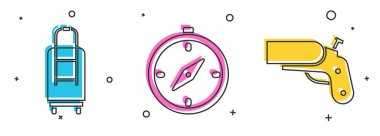 Çanta, pusula ve işaret fişeği tabancası ikonu. Vektör.