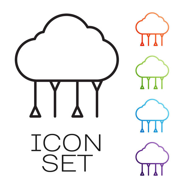 Черная линия Сетевое облако связи значок изолирован на белом фоне. Социальные технологии. Концепция облачных вычислений. Набор иконок красочный. Векторная миграция.