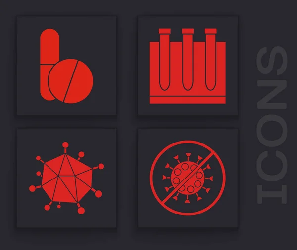 Définir Arrêter Virus Pilule Comprimé Médecine Test Sanguin Virus Icône — Image vectorielle