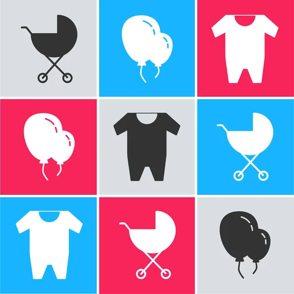 Set Kinderwagen Luftballons Mit Schleife Und Baby Kleidung Symbol Vektor — Stockvektor
