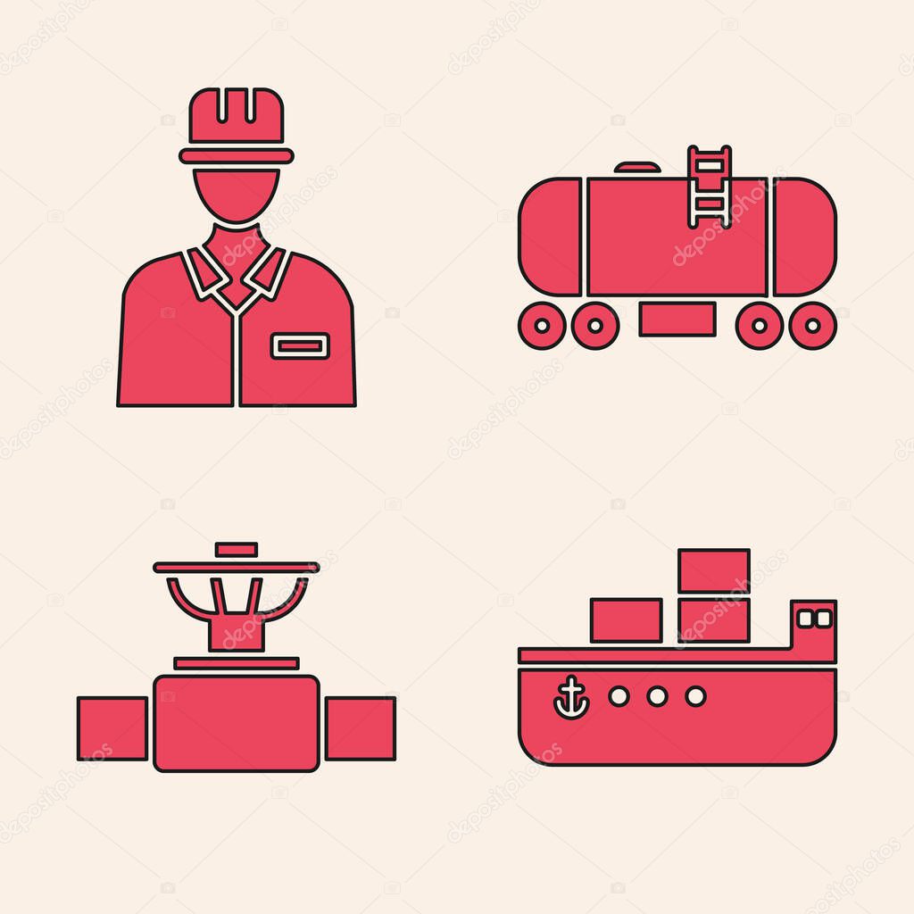 Set Oil tanker ship, Oilman, Oil railway cistern and Industry pipe and valve icon. Vector.