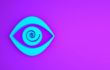 Mavi Hipnoz simgesi mor arka planda izole edildi. Hipnotize edici göz ile insan gözü. Minimalizm kavramı. 3d illüstrasyon 3B canlandırma