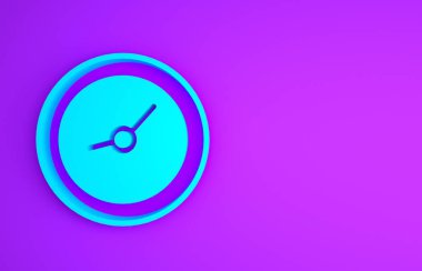 Mor arkaplanda mavi saat simgesi izole edildi. Zaman sembolü. Minimalizm kavramı. 3d illüstrasyon 3B canlandırma