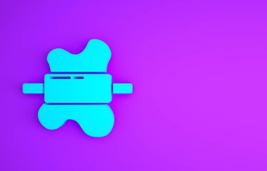Mor arka planda izole edilmiş hamur ikonu üzerinde mavi yuvarlanan pin. Minimalizm kavramı. 3d illüstrasyon 3B canlandırma