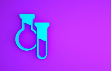 Mor arkaplanda mavi test tüpü ve matara simgesi var. Kimyasal laboratuvar testi. Laboratuvar camları. Minimalizm kavramı. 3d illüstrasyon 3B canlandırma