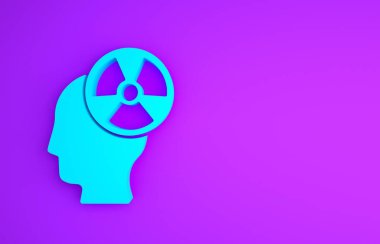 Bir insan kafasının mavi silueti ve mor arkaplanda izole edilmiş bir radyasyon sembolü. Minimalizm kavramı. 3d illüstrasyon 3B canlandırma