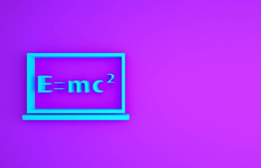 Mavi Matematik denklem çözeltisi, mor arkaplanda izole edilmiş karatahta. E eşittir bilgisayar ekranında mc kare denklemi. Minimalizm kavramı. 3d illüstrasyon 3B canlandırma