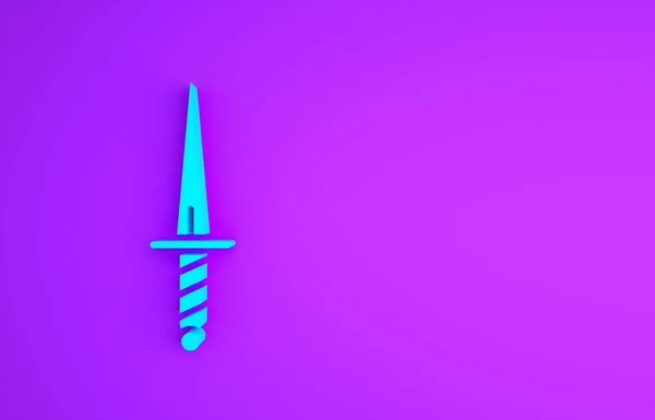 Значок "Синий кинжал" выделен на фиолетовом фоне. Значок ножа. Меч с острым лезвием. Концепция минимализма. 3D-рендеринг — стоковое фото