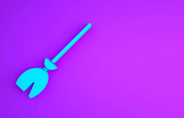 Blaue Hexen Besen Symbol isoliert auf violettem Hintergrund. Frohe Halloween-Party. Minimalismus-Konzept. 3D Illustration 3D Renderer — Stockfoto