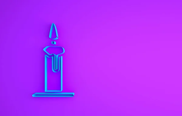 Blue Burning candle in candlestick icon isolated on purple background. Cylindrical candle stick with burning flame. Minimalism concept. 3d illustration 3D render