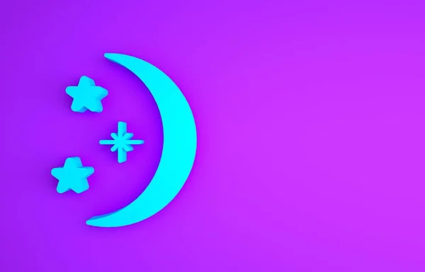 Blue Moon and stars icon isolated on purple background. Minimalism concept. 3d illustration 3D render