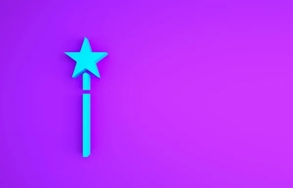 Ícone de varinha mágica azul isolado no fundo roxo. Acessório mágico em forma de estrela. Poder mágico. Conceito de minimalismo. 3D ilustração 3D render — Fotografia de Stock