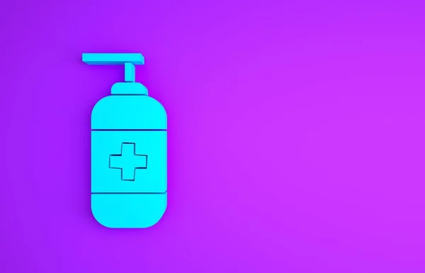 Голубая бутылка жидкого антибактериального мыла с иконкой диспенсера на фиолетовом фоне. Антисептик. Дезинфекция, гигиена, уход за кожей. Концепция минимализма. 3D-рендеринг — стоковое фото