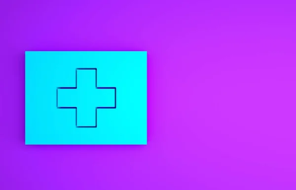 Icône bleue de trousse de premiers soins isolée sur fond violet. Boîte médicale avec croix. Matériel médical d'urgence. Concept de soins de santé. Concept de minimalisme. Illustration 3D rendu 3D — Photo