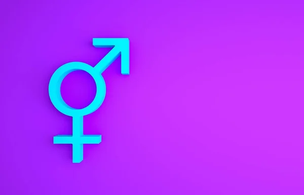 Icono de género azul aislado sobre fondo púrpura. Símbolos de hombres y mujeres. Símbolo sexual. Concepto minimalista. 3D ilustración 3D render — Foto de Stock