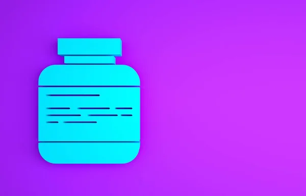 Blue Medicine garrafa e pílulas ícone isolado no fundo roxo. Pacote de drogas médicas para comprimido, vitamina, antibiótico, aspirina. Conceito de minimalismo. 3D ilustração 3D render — Fotografia de Stock