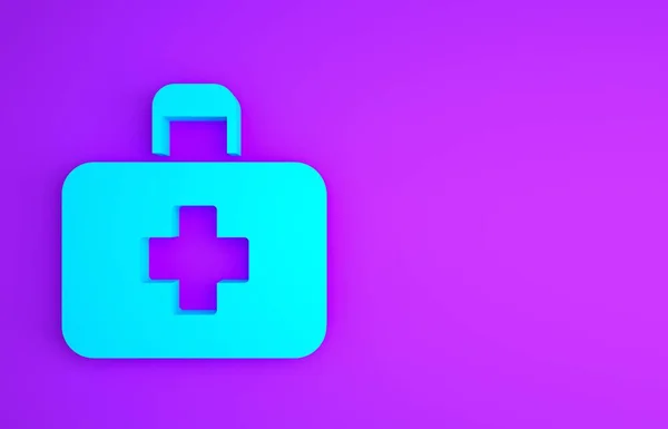 Niebieski zestaw pierwszej pomocy ikona izolowana na fioletowym tle. Skrzynka medyczna z krzyżem. Sprzęt medyczny na wszelki wypadek. Koncepcja opieki zdrowotnej. Koncepcja minimalizmu. Ilustracja 3D 3D renderowania — Zdjęcie stockowe