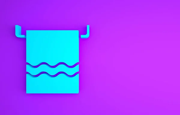 Toalha azul em um ícone de cabide isolado no fundo roxo. Ícone de toalha de banho. Conceito de minimalismo. 3D ilustração 3D render — Fotografia de Stock