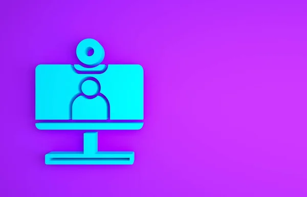 Blue Video chat conference icon isolated on purple background. Computer with video chat interface active session on screen. Minimalism concept. 3d illustration 3D render