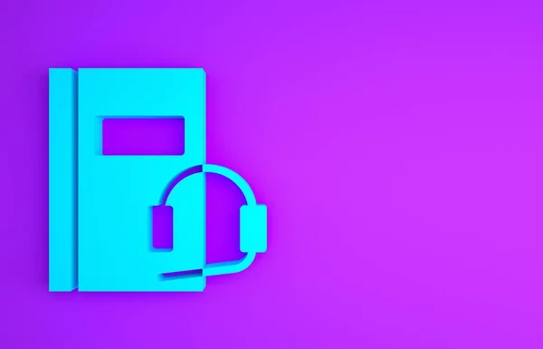 Icono de libro de audio azul aislado sobre fondo púrpura. Reserva con auriculares. Signo de audio guía. Concepto de aprendizaje en línea. Concepto minimalista. 3D ilustración 3D render — Foto de Stock