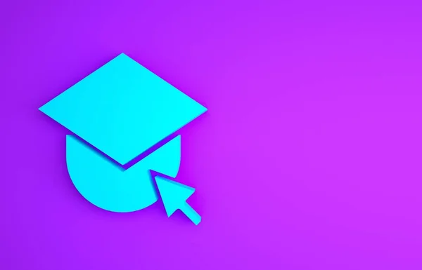 Blå Graduation mössa på globen ikon isolerad på lila bakgrund. Världens utbildningssymbol. Nätbaserad inlärning eller e-lärande. Minimalistiskt koncept. 3D-återgivning för 3D — Stockfoto