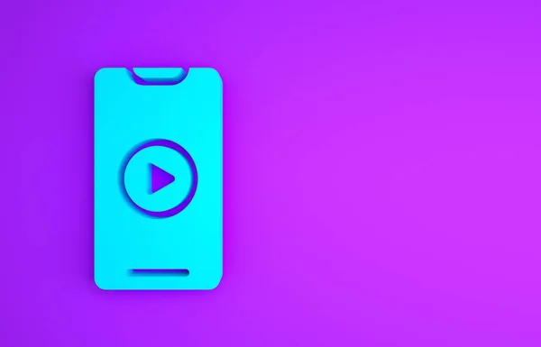 Blue Online play video icon isolated on purple background. Smartphone and film strip with play sign. Minimalism concept. 3d illustration 3D render — Stock Photo, Image