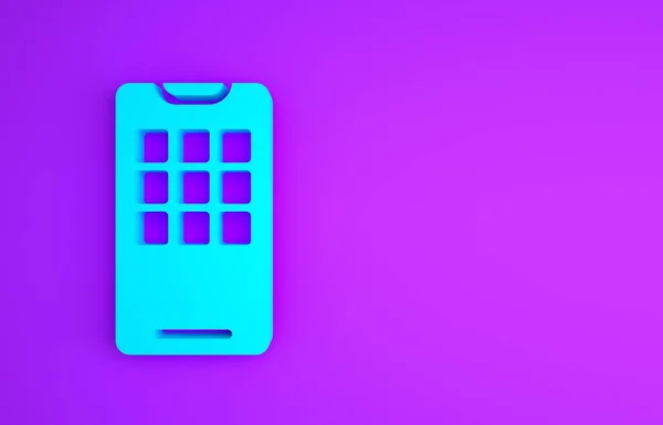 Blue Smartphone, mobile phone icon isolated on purple background. Minimalism concept. 3d illustration 3D render