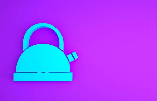 Niebieski czajnik z ikoną rączki na fioletowym tle. Ikona czajnika. Koncepcja minimalizmu. Ilustracja 3D 3D renderowania — Zdjęcie stockowe