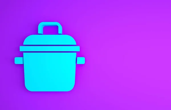 蓝色烹饪壶图标孤立在紫色背景。蒸煮或炖煮食品的象征.最低纲领的概念。3D渲染3D插图 — 图库照片