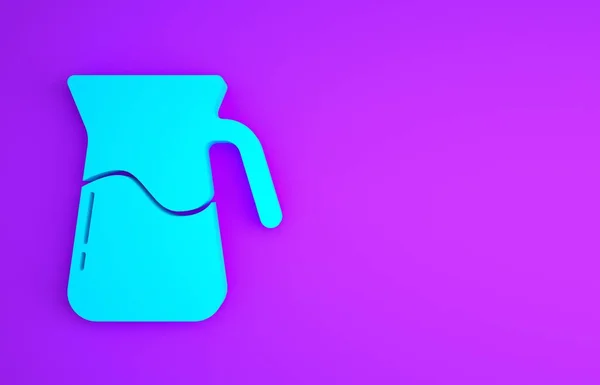 Sklenice z modrého džbánu s ikonou vody izolovanou na fialovém pozadí. Kotlík na vodu. Skleněná karafa s pitnou vodou. Minimalismus. 3D ilustrace 3D vykreslení — Stock fotografie