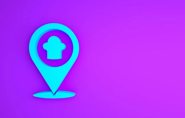 Blaue Kochmütze mit Ortssymbol isoliert auf violettem Hintergrund. Kochendes Symbol. Kochmütze. Minimalismus-Konzept. 3D Illustration 3D Renderer — Stockfoto