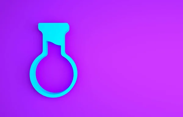 Blaues Reagenzglas und Kolbensymbol isoliert auf violettem Hintergrund. Chemische Laboruntersuchung. Laborgläser. Minimalismus-Konzept. 3D Illustration 3D Renderer — Stockfoto