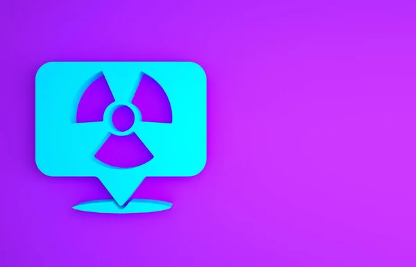Bleu Radioactif dans l'icône de localisation isolé sur fond violet. Symbole toxique radioactif. Radiation Signal de danger. Concept de minimalisme. Illustration 3D rendu 3D — Photo