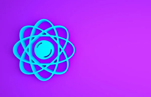 Icona Blue Atom isolata su sfondo viola. Simbolo di scienza, educazione, fisica nucleare, ricerca scientifica. Concetto minimalista. Illustrazione 3d rendering 3D — Foto Stock