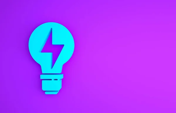 Blå glödlampa med blixt symbol ikon isolerad på lila bakgrund. Ljusskylt. Idé symbol. Minimalistiskt koncept. 3D-återgivning för 3D — Stockfoto