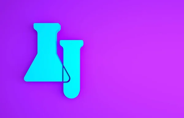 Tubo de teste azul e ícone de frasco isolado em fundo roxo. Teste de laboratório químico. Objectos de laboratório. Conceito de minimalismo. 3D ilustração 3D render — Fotografia de Stock