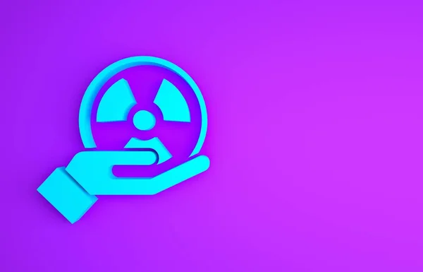 Blaues radioaktives Symbol in der Hand isoliert auf violettem Hintergrund. Radioaktives toxisches Symbol. Strahlengefahr. Minimalismus-Konzept. 3D Illustration 3D Renderer — Stockfoto