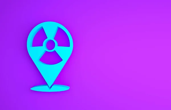 Blue Radioactive in location icon isolated on purple background. Radioactive toxic symbol. Radiation Hazard sign. Minimalism concept. 3d illustration 3D render