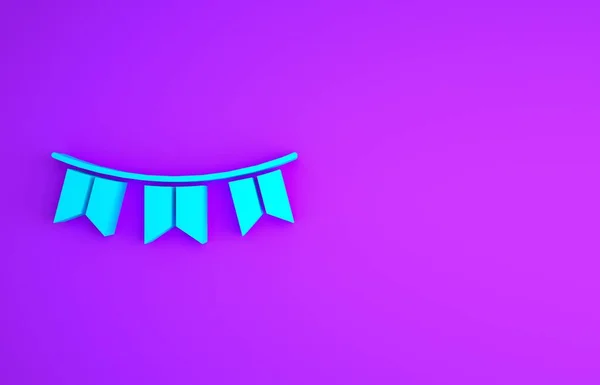 Guirlande de carnaval bleu avec des drapeaux icône isolée sur fond violet. Pendentifs de fête pour la célébration d'anniversaire, décoration de festival. Concept de minimalisme. Illustration 3D rendu 3D — Photo