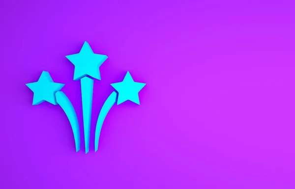 Ícone de fogo de artifício azul isolado no fundo roxo. Conceito de festa divertida. Símbolo pirotécnico explosivo. Conceito de minimalismo. 3D ilustração 3D render — Fotografia de Stock