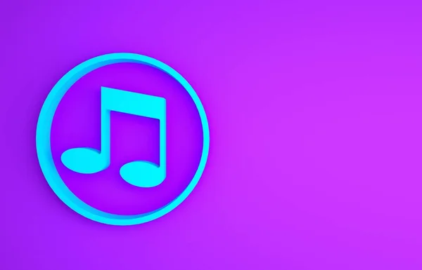 Blue Music note, icône de tonalité isolée sur fond violet. Concept de minimalisme. Illustration 3D rendu 3D — Photo