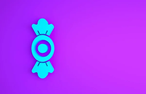 Синій значок цукерок ізольовано на фіолетовому фоні. Концепція мінімалізму. 3D ілюстрація 3D рендеринга — стокове фото