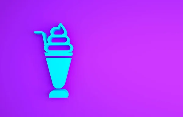 Ícone azul Milkshake isolado no fundo roxo. Copo de plástico com tampa e palha. Conceito de minimalismo. 3D ilustração 3D render — Fotografia de Stock